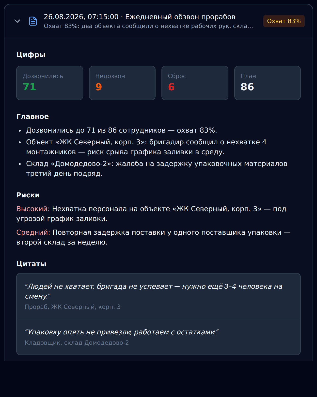 Расшифровка звонка: цифры обзвона, главное, риски и цитаты сотрудников